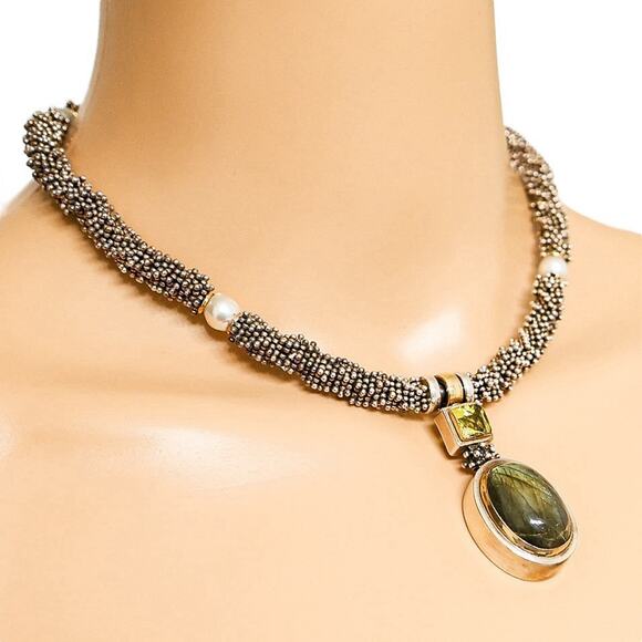 Michael Dawkins 925 Sterling Caviar Beaded Necklace Labradorite Peridot Pendant - Picture 2 of 16